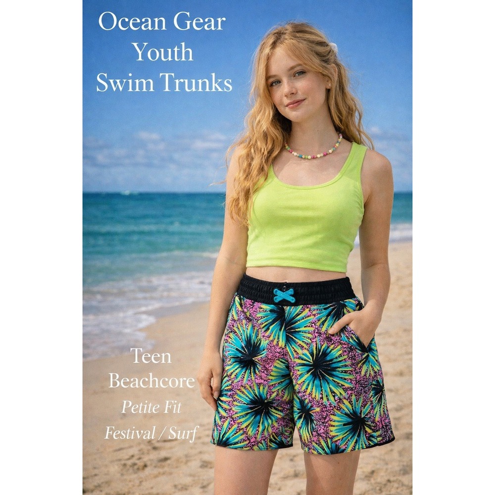 Ocean Gear‎ Youth M Swim Trunks Tropical Palm Print Beach Y2K Unisex